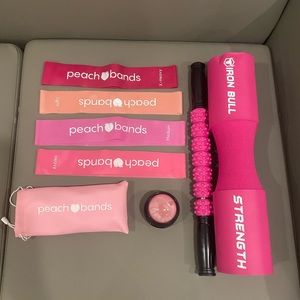 Women’s workout essentials!! Booty bands, muscle rollers, and a bar cover